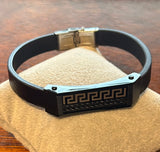 Black leather bracelet with Greek key pattern