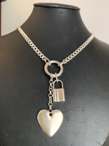 Silver plated stainless steel chain with lock and heart charms