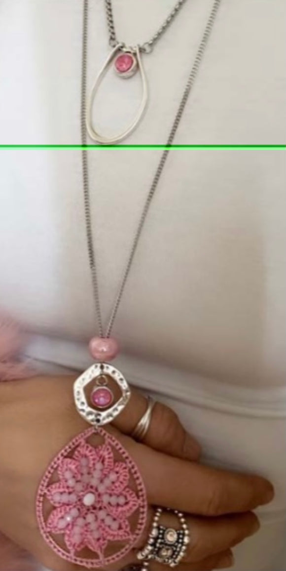 Long chain Necklace with Pink Pendant 45cm 04 Adjustable Short U Shape chain with Swarovski pink crystal -34cm
