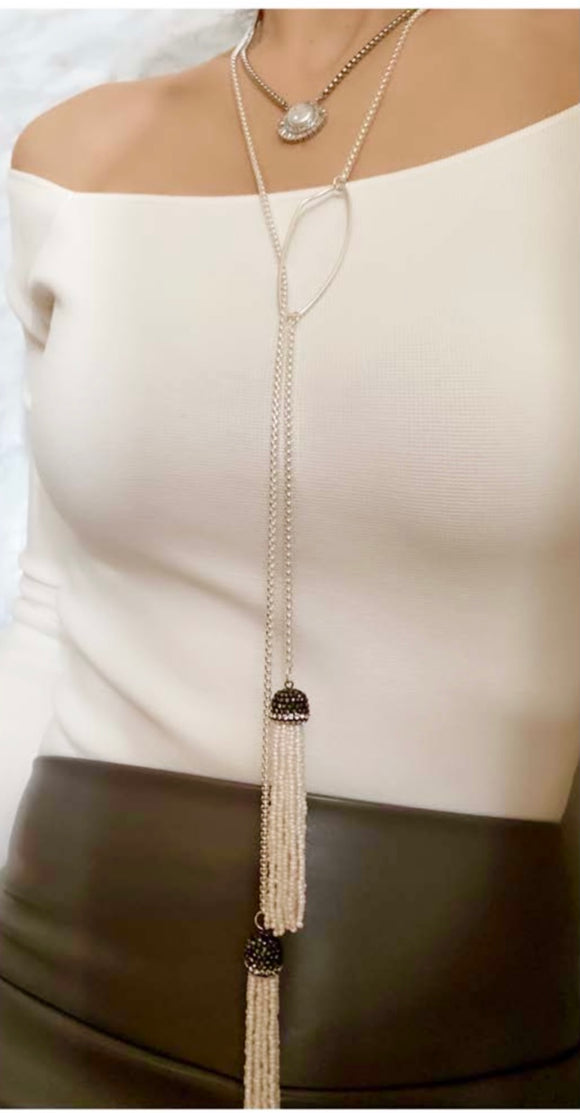 Adjustable Short Necklace with Pearl or A long chain with beaded tassels