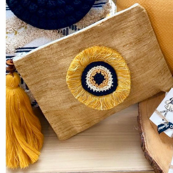 Evil Eye Clutch with Tassel  in Yellow and Pink Blush