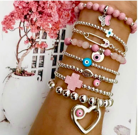 For the love of Pink Evil Eye & Heart Bracelet - 8 Bracelets - Only 2 Hearts only avail $83 each