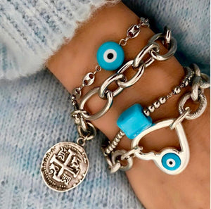 4 Bracelets - Stainless steel chain & Evil Eye, Cross, cube - $250 all 4 together $save $50)