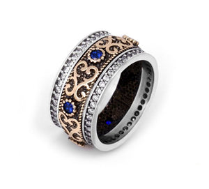 Dual Tone Vintage Ring With Blue Sapphire CZ Stones