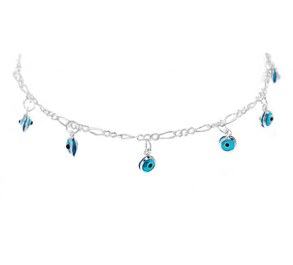 Sterling Silver Anklet with Evil Eye Charms