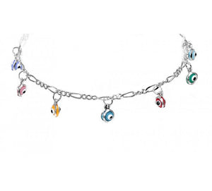 Sterling Silver Anklet with Evil Eye Charms