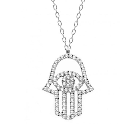 Silver Hamsa Necklace with Cz Stones