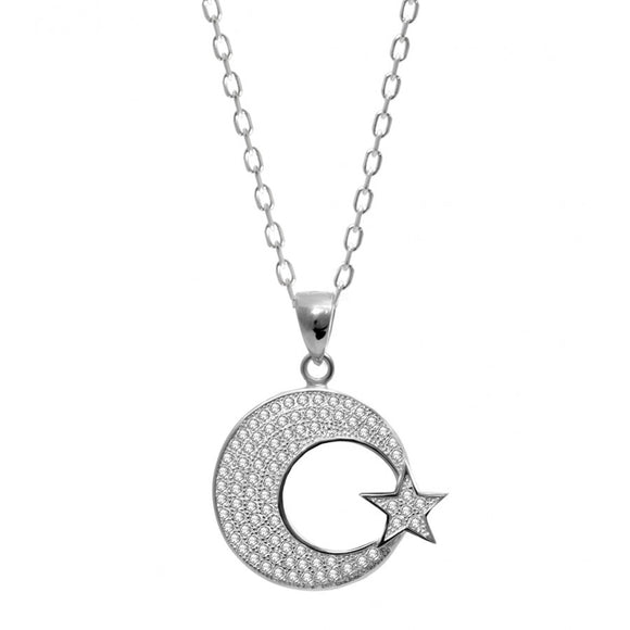 Silver Necklace with Crescent Moon and Star. Chain is 55cm