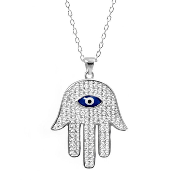 Silver Evil Eye Hamsa Necklace with Cz Stones